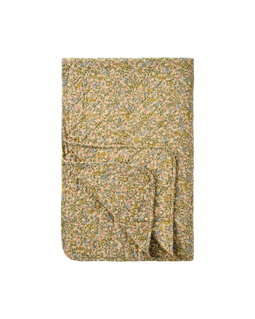 Vattæppe med blomsterprint i gule nuancer med blå og lyserøde blomster – dekorativt og hyggeligt til seng eller sofa.