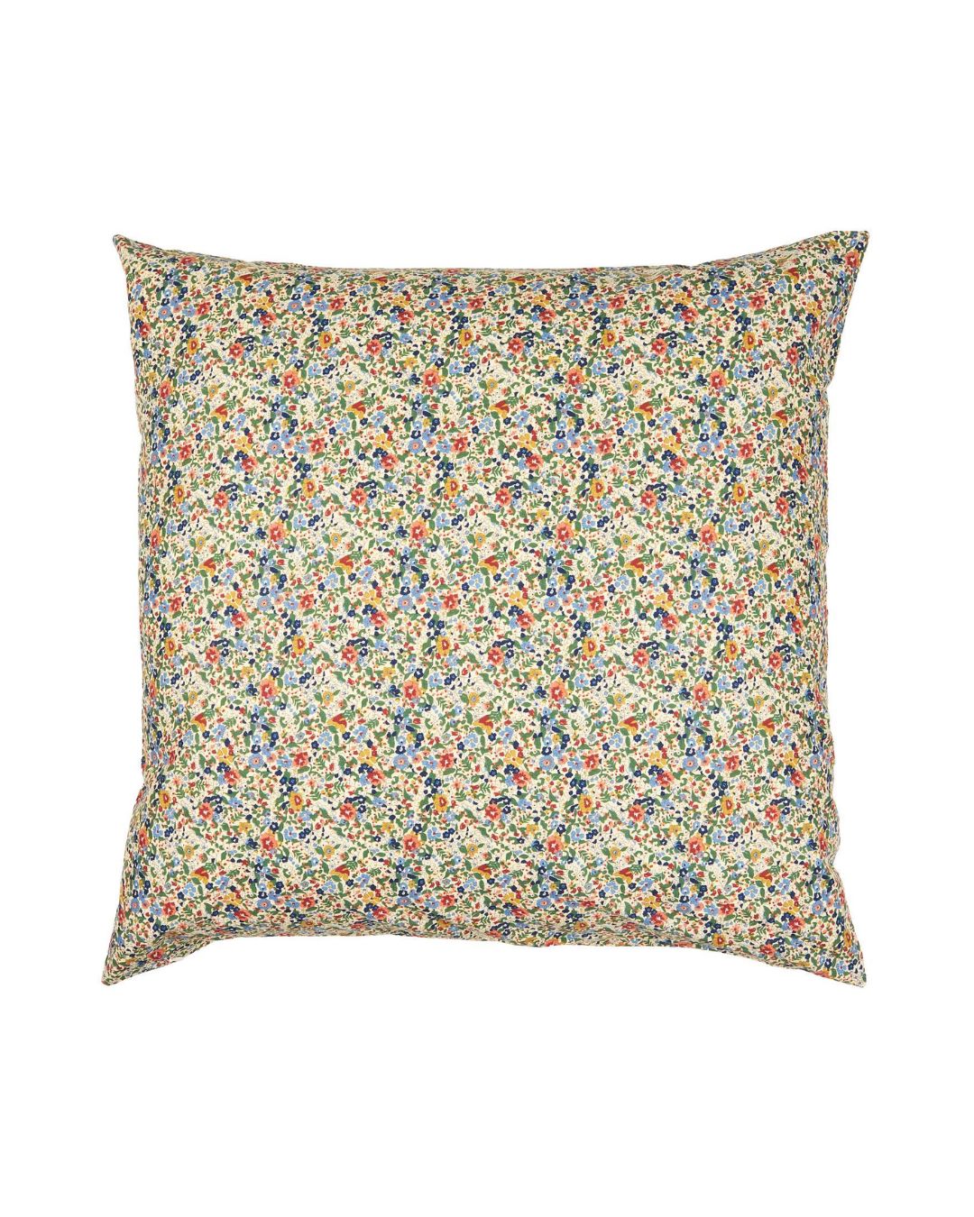 Pude 60x60 cm med blomsterprint i blå, grøn og rust – dekorativ og hyggelig til sofa eller seng.