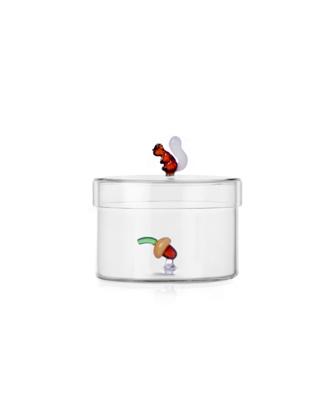 Håndlavet glasbeholder med et lille egern på toppen og et ahorn i bunden fra Ichendorf, ideel til opbevaring og dekoration.