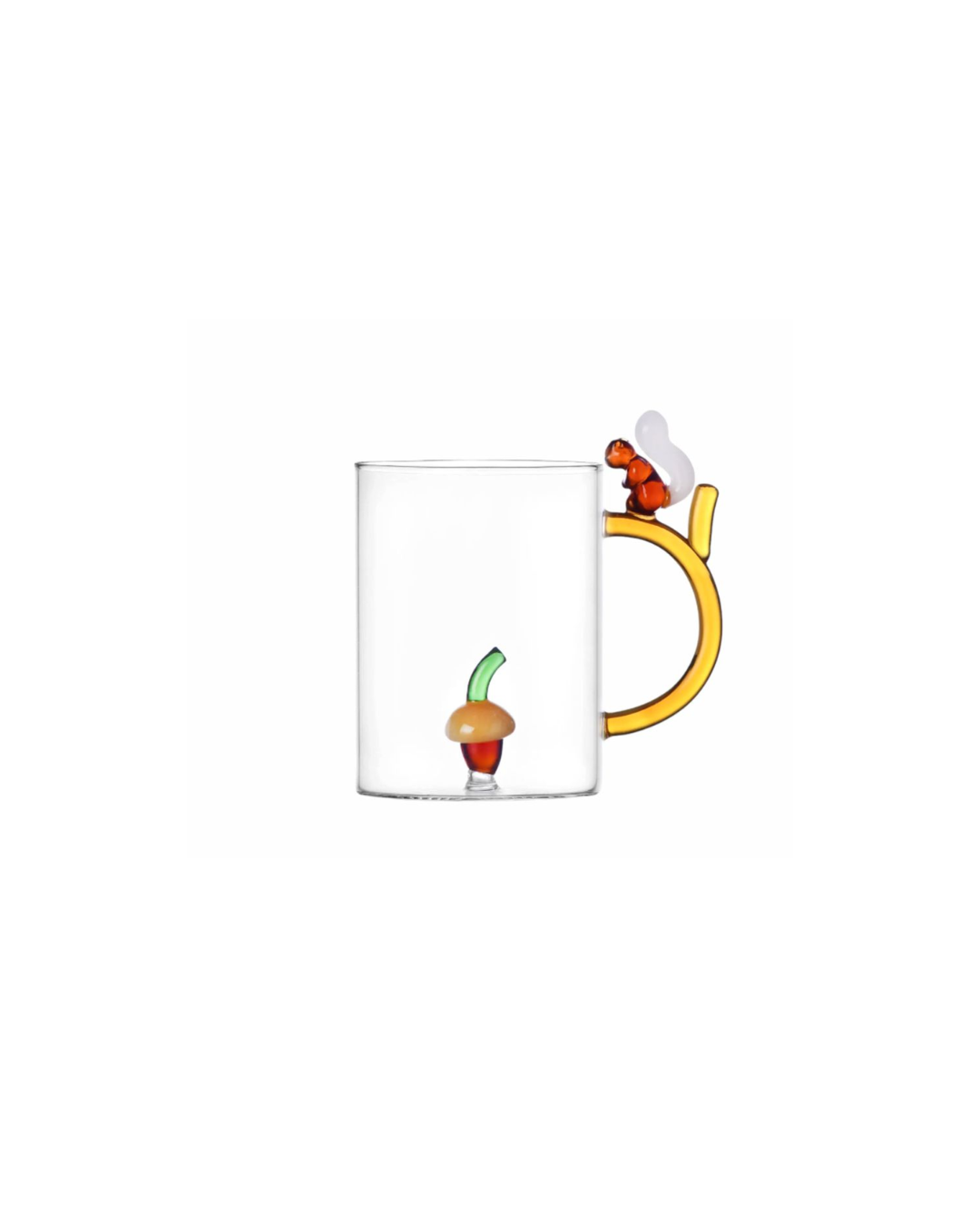 Håndlavet glas krus med egern på håndtaget og ahornnød i bunden, ideelt til te og kaffe