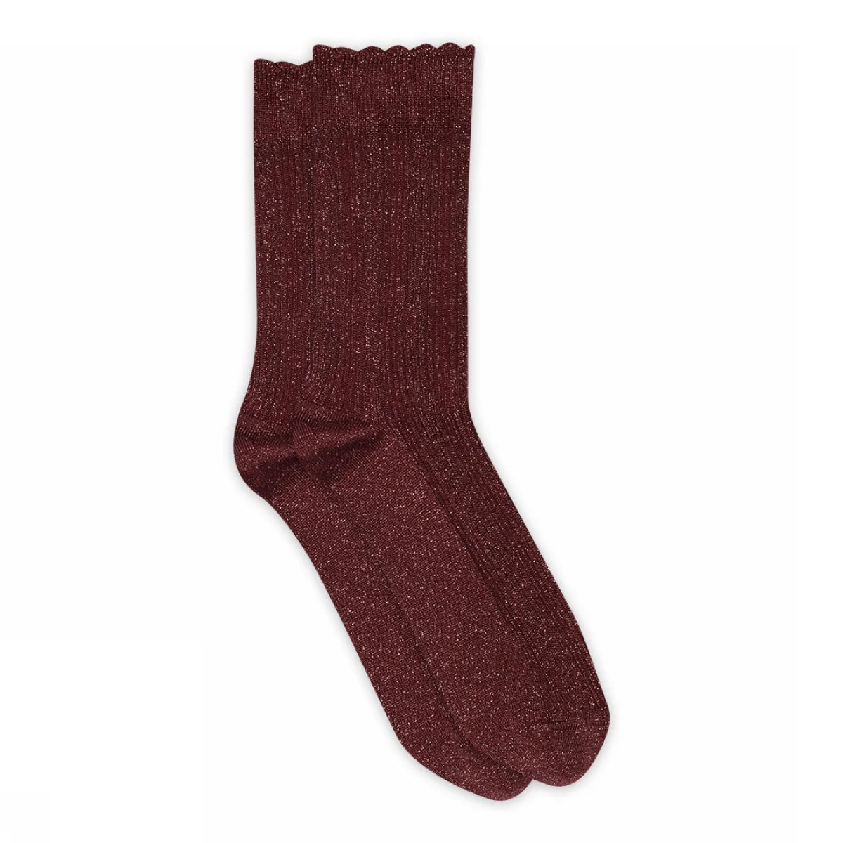 Julia glitter socks fra MPwoman i Wine Red med glimmer, bred ribkant og forstærket hæl og tå.