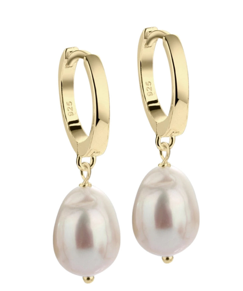 13 mm forgyldte klik creoler i Sterling sølv med ferskvandsperle vedhæng – nikkelfri