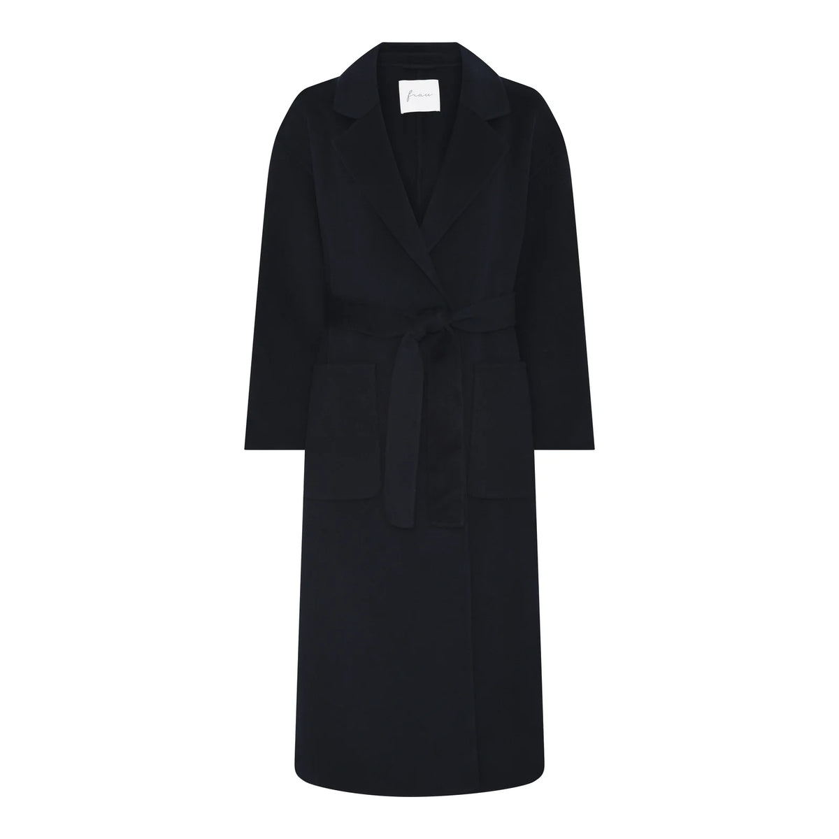 Ljubljana Pure Wool Long Coat fra FRAU i Dark Navy, lang klassisk uldfrakke i 100% uld med bæltelukning – køb hos butikalrum.dk.