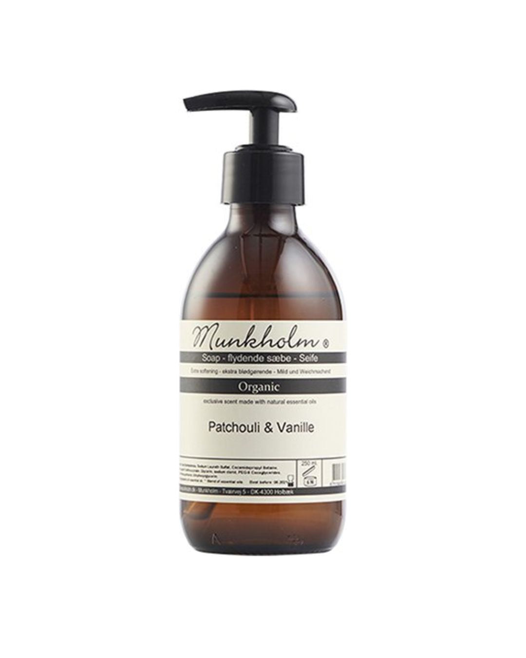 Flydende håndsæbe med Patchouli & Vanilje, 250 ml, med aloe vera og glycerin, dufter af patchouli og vanilje.