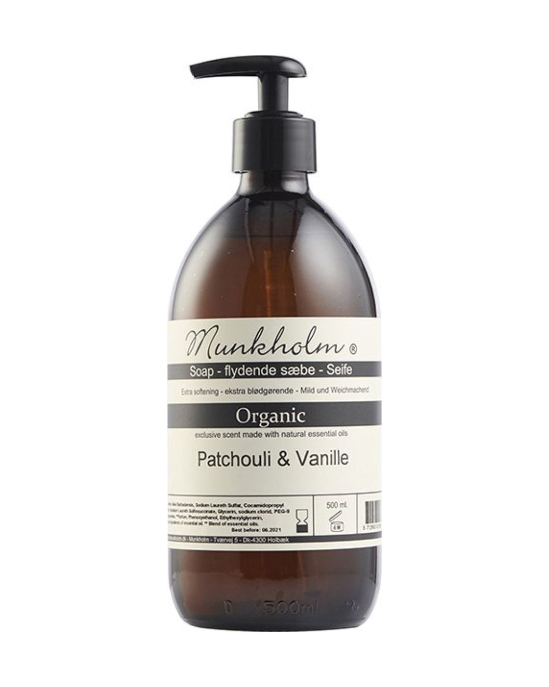 Flydende håndsæbe med Patchouli & Vanilje, 500 ml, med aloe vera og glycerin, dufter af patchouli og vanilje.