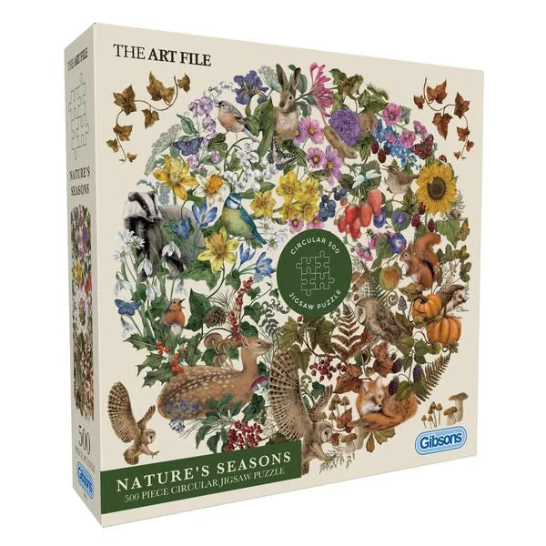 Nature's Seasons rundt puslespil fra The Art File med 500 brikker og naturmotiv – køb hos butikalrum.dk.