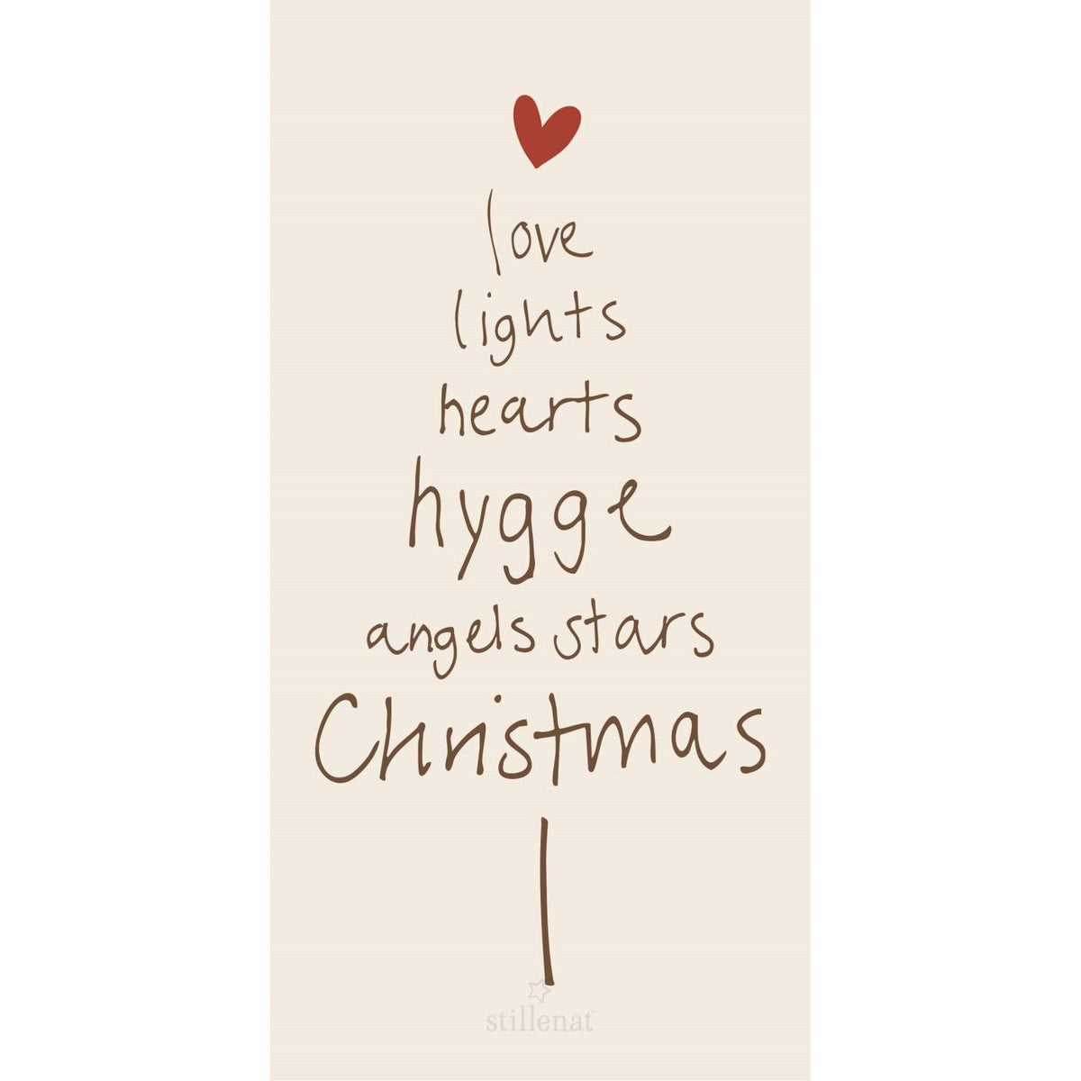 Papirservietter med juletræ formet af juleord som love, hygge, stars og Christmas, 10 x 20 cm, 16 stk. pr. pakke – køb hos butikalrum.dk.