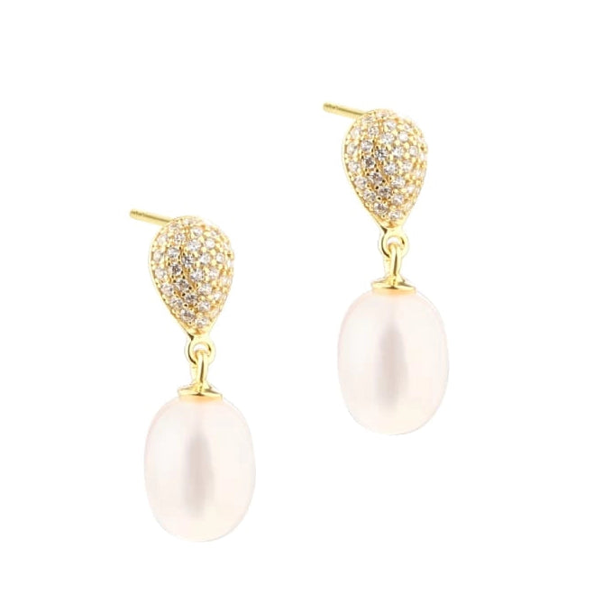 Dråbeformede ørestikker i forgyldt sterling sølv med zirkonia og ferskvandsperle fra aqua dulce – køb hos butikalrum.dk