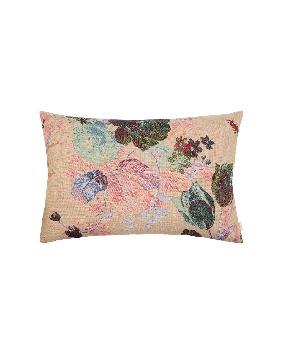 Gobelinpude 60x40 cm med blomster i rosa og grøn, skjult lynlås og monteringspude med andedun, fjer og fiberfyld.