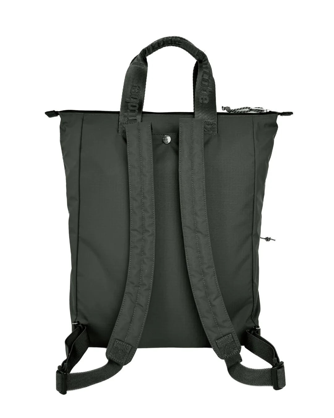 Grøn taske, der kan bruges som tote bag eller rygsæk - og stropper kan skjules. Den har håndtag i toppen, der gør den nem at bære. På toppen sidder lynlåsen, der åbner op til et stort rum med lyst for.