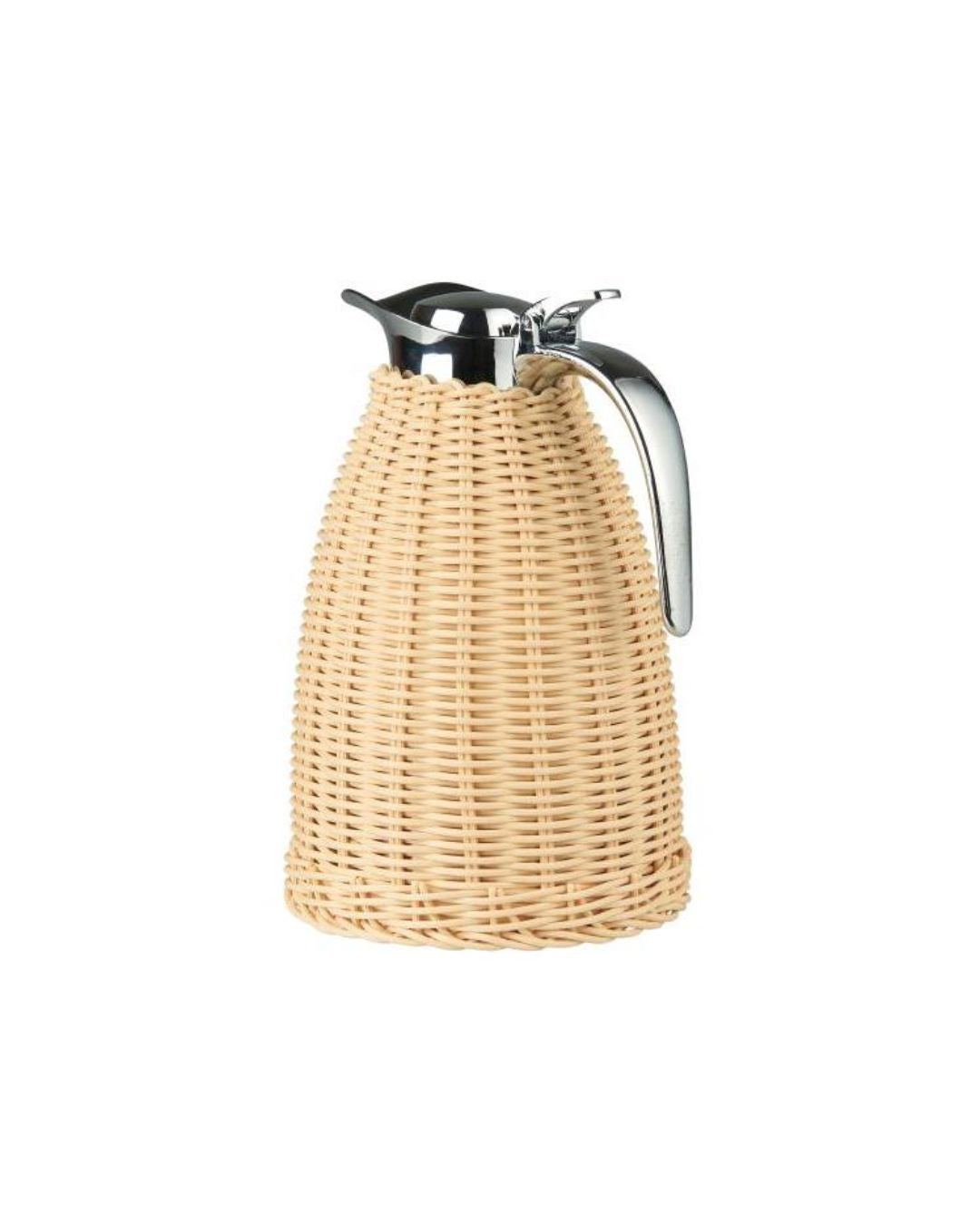 Termokande i brun polyrattan flet til at holde drikkevarer varme, med et stilfuldt og holdbart design.