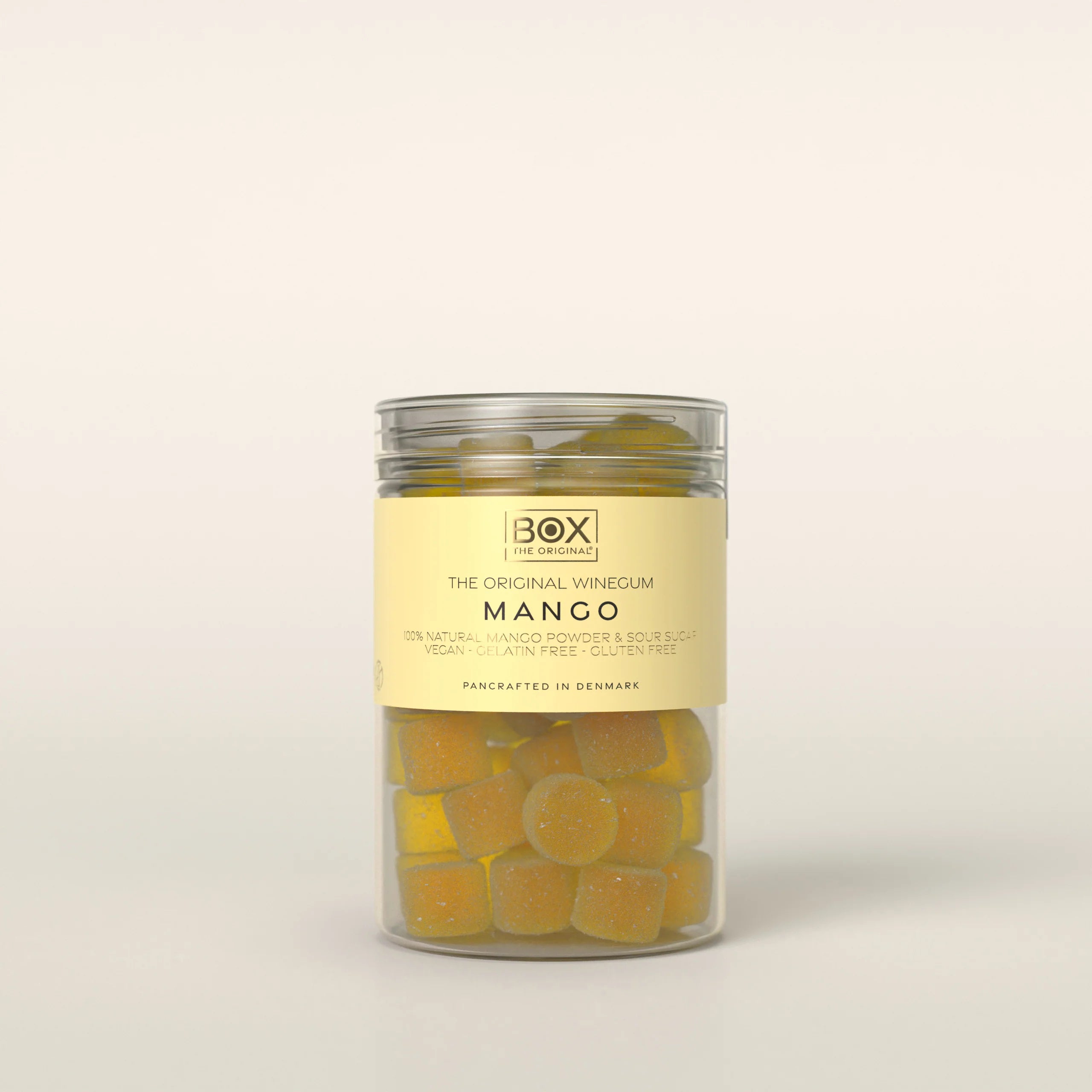 Veganske mango vingummier med sour sugar coating fra The Original i 170 g tube med tropisk frugtsmag - køb hos butikalrum.dk