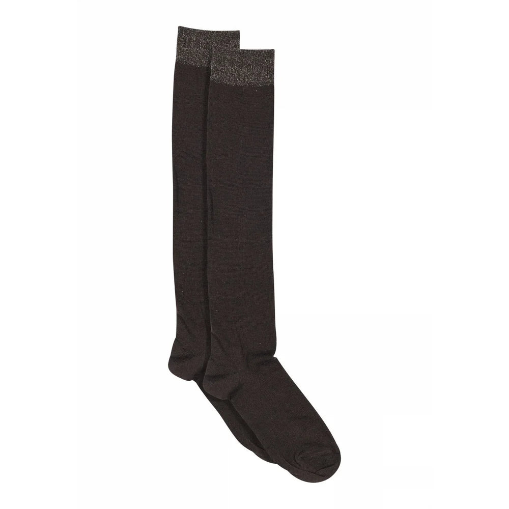 Wool/Silk Knee Socks fra MPwoman, bløde knæstrømper i uld og silke med elegant glimmerkant – fås i Deep Navy, Black, Dark Brown og Medium Grey Melange – køb hos butikalrum.dk.