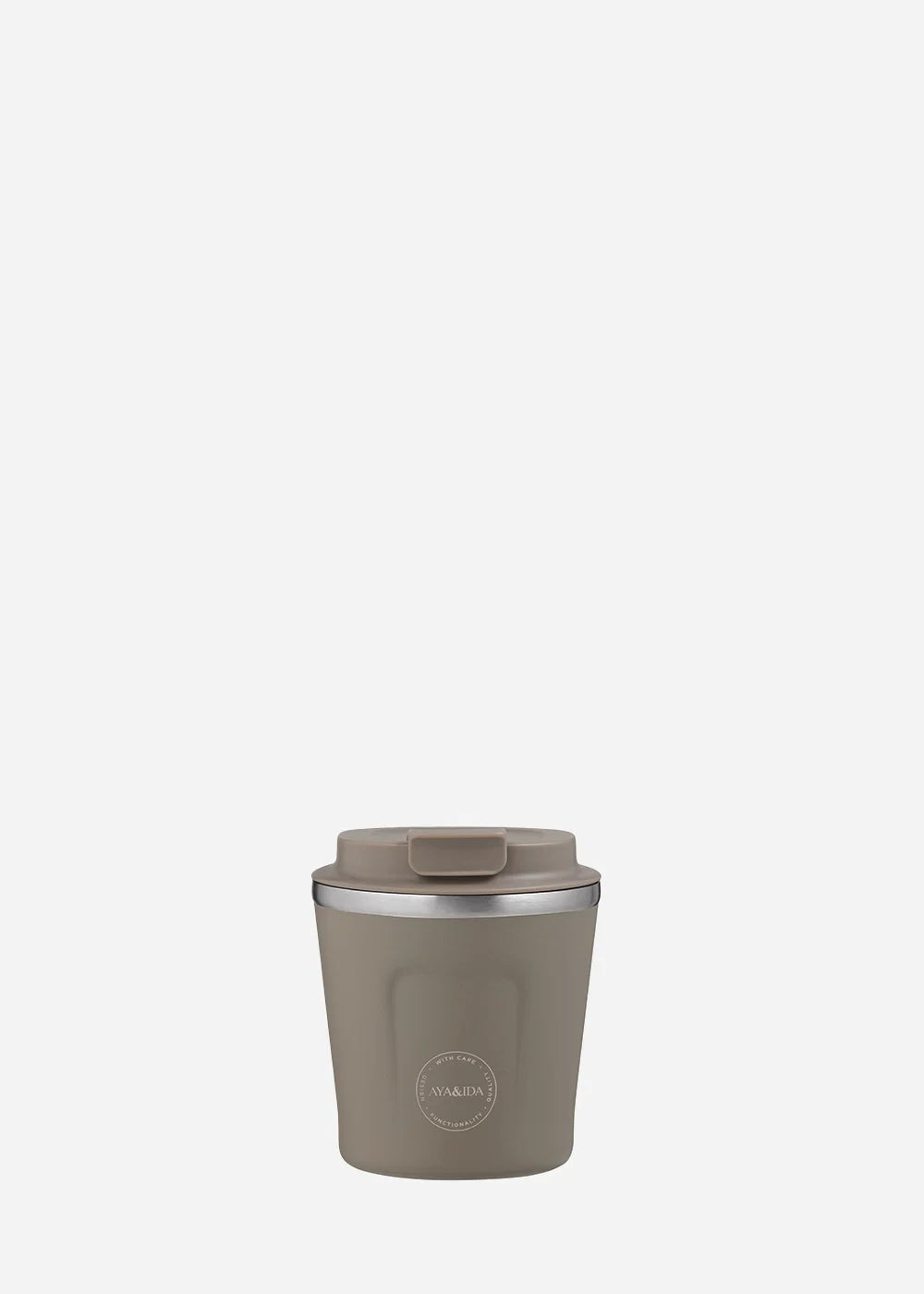 AYA&IDA CUP2GO termokop i Driftwood 240 ml med tætsluttende klik-låg – en stilren og bæredygtig kop til kaffe og te på farten.