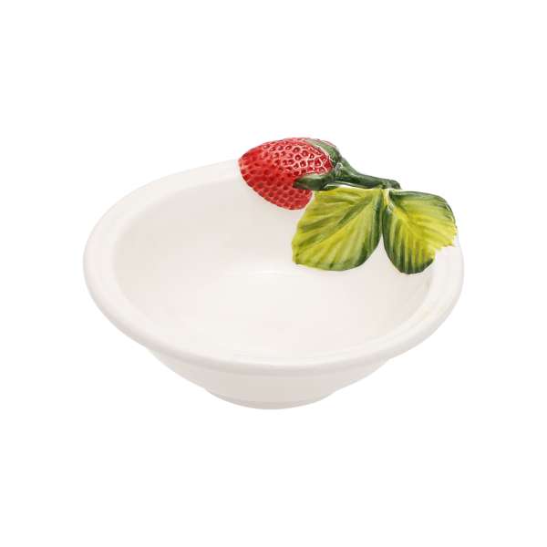 Håndmalet italiensk fajance skål med rødt jordbær og grønt blad på kanten, Ø16 cm. Perfekt til servering eller som dekoration.