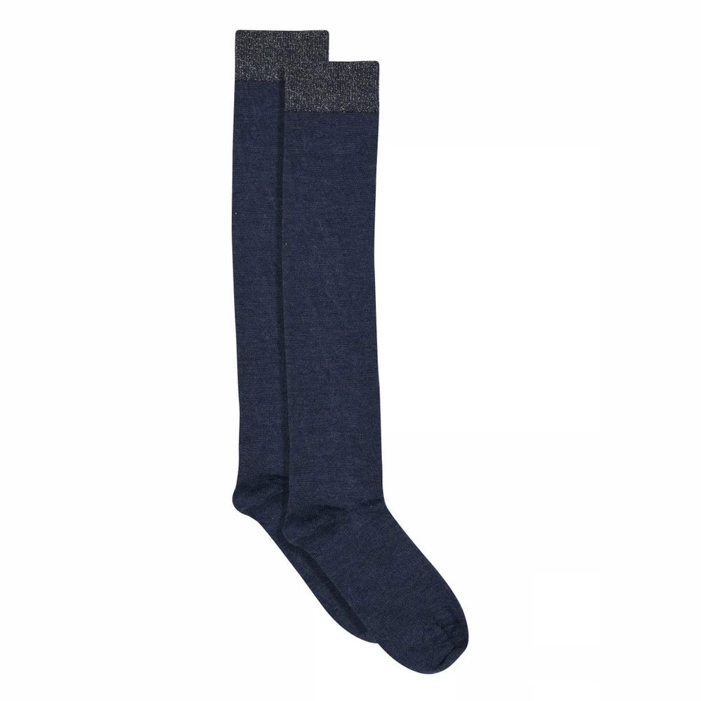 Wool/Silk Knee Socks fra MPwoman, bløde knæstrømper i uld og silke med elegant glimmerkant – fås i Deep Navy, Black, Dark Brown og Medium Grey Melange – køb hos butikalrum.dk.