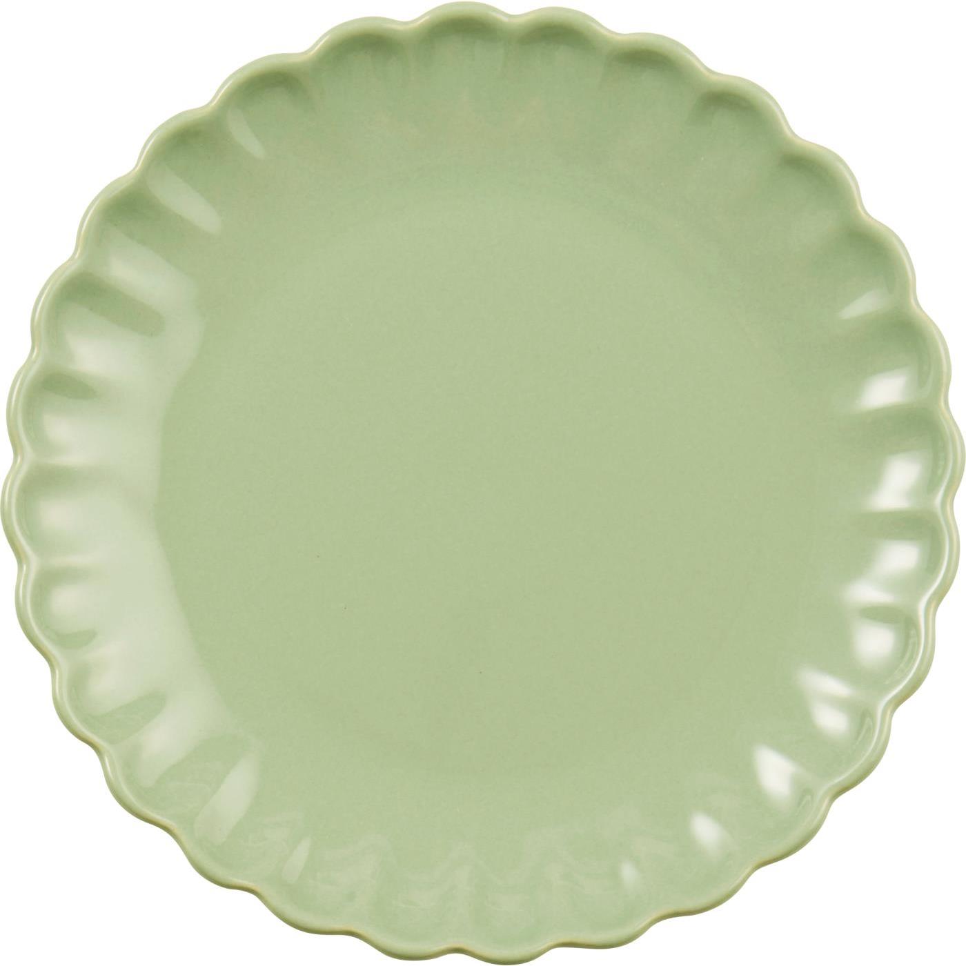 Grøn stentøjstallerken med 19,5 cm diameter, fødevaregodkendt, tåler ovn, mikrobølgeovn, fryser og maskinopvask.