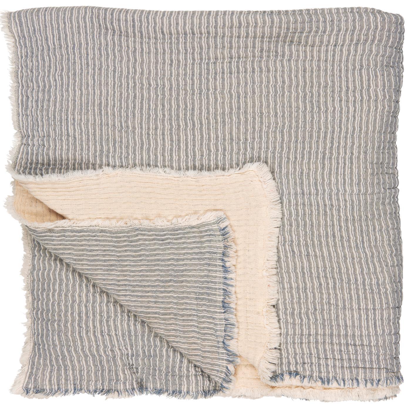 Sengetæppe – enkelt og ribbet i lyseblå/offwhite striber. 150x250 cm