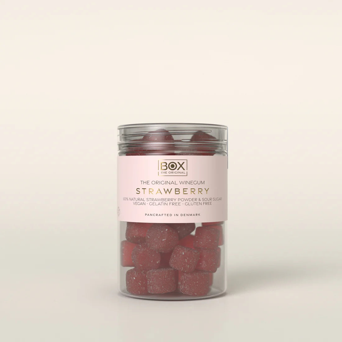 Køb vegansk jordbær gourmetvingummi fra Box The Original hos Butikalrum.dk – gelatinefri og frisk smag