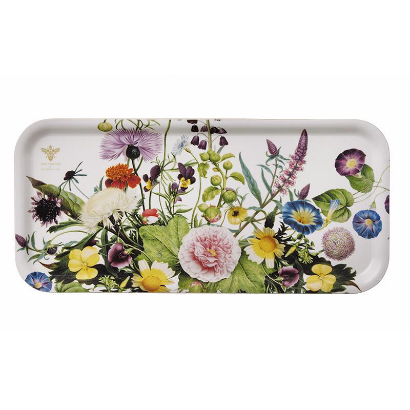 Rektangulær serveringsbakke med farverige blomster, lavet af nordisk birkefinér med miljøvenlig coating.