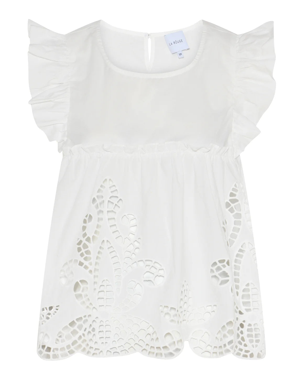 Ærmeløs hvid top i 100 procent bomuld fra LA RŌUGE med flæsekant og blonde detaljer perfekt til sommer - køb hos butikalrum.dk