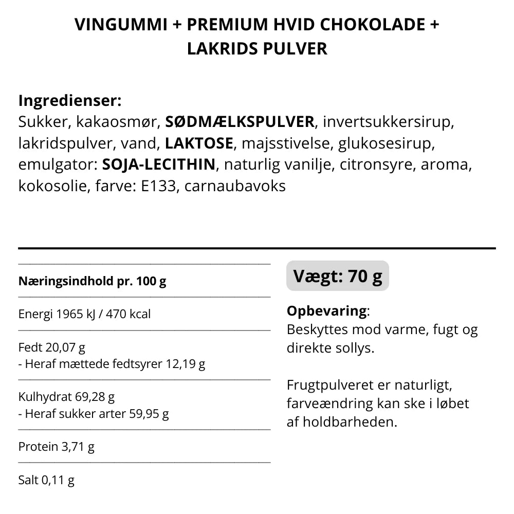 Gelatinefri vingummier med skovbær, hvid chokolade og lakrids fra Box the Original i snack pack 70 gram - køb hos butikalrum.dk