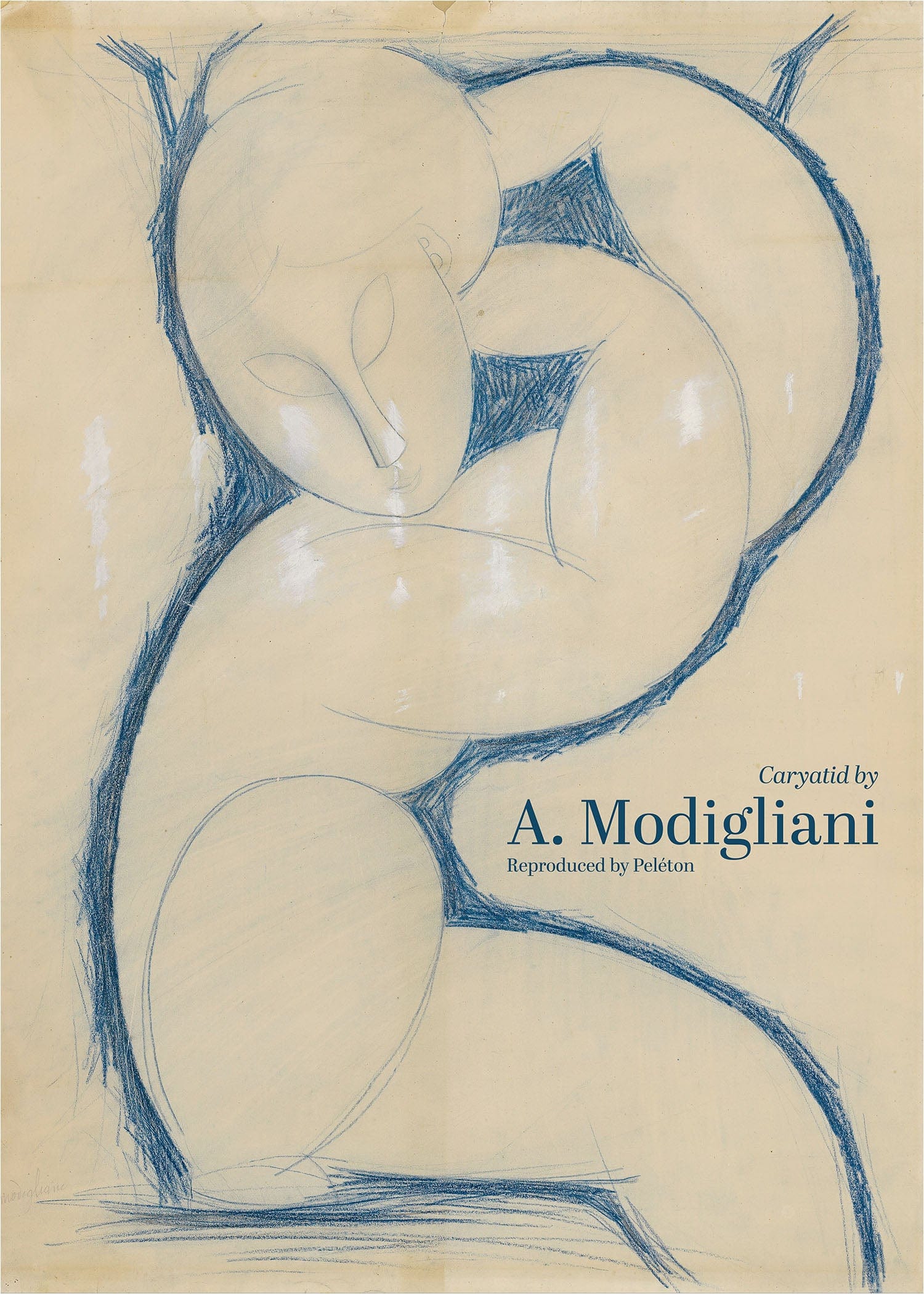 Kunstplakat med blå skitse af kvindefigur – “Caryatid” af Amedeo Modigliani, genskabt og udgivet af Peléton.