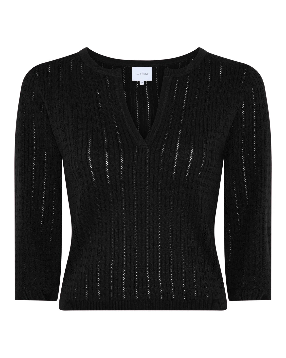 Charlotte Knit V-Neck striktop i sort fra LA RōUGE med V-hals og feminint hulmønster – køb hos butikalrum.dk.