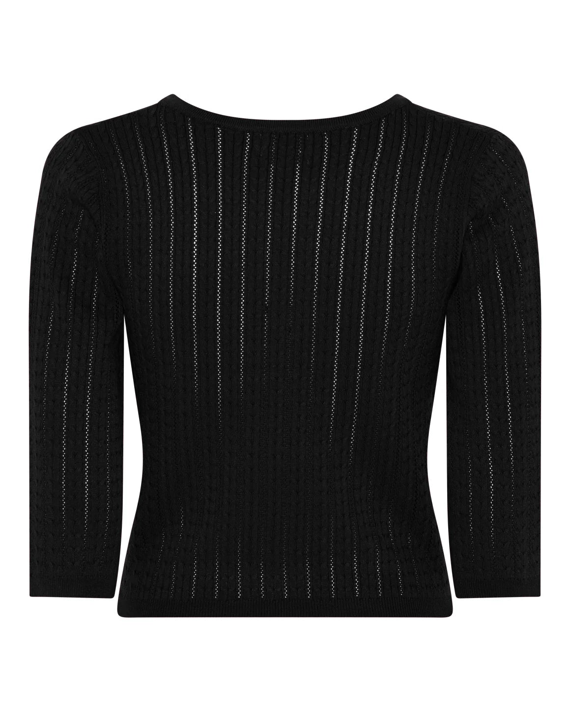 Charlotte Knit V-Neck striktop i sort fra LA RōUGE med V-hals og feminint hulmønster – køb hos butikalrum.dk.