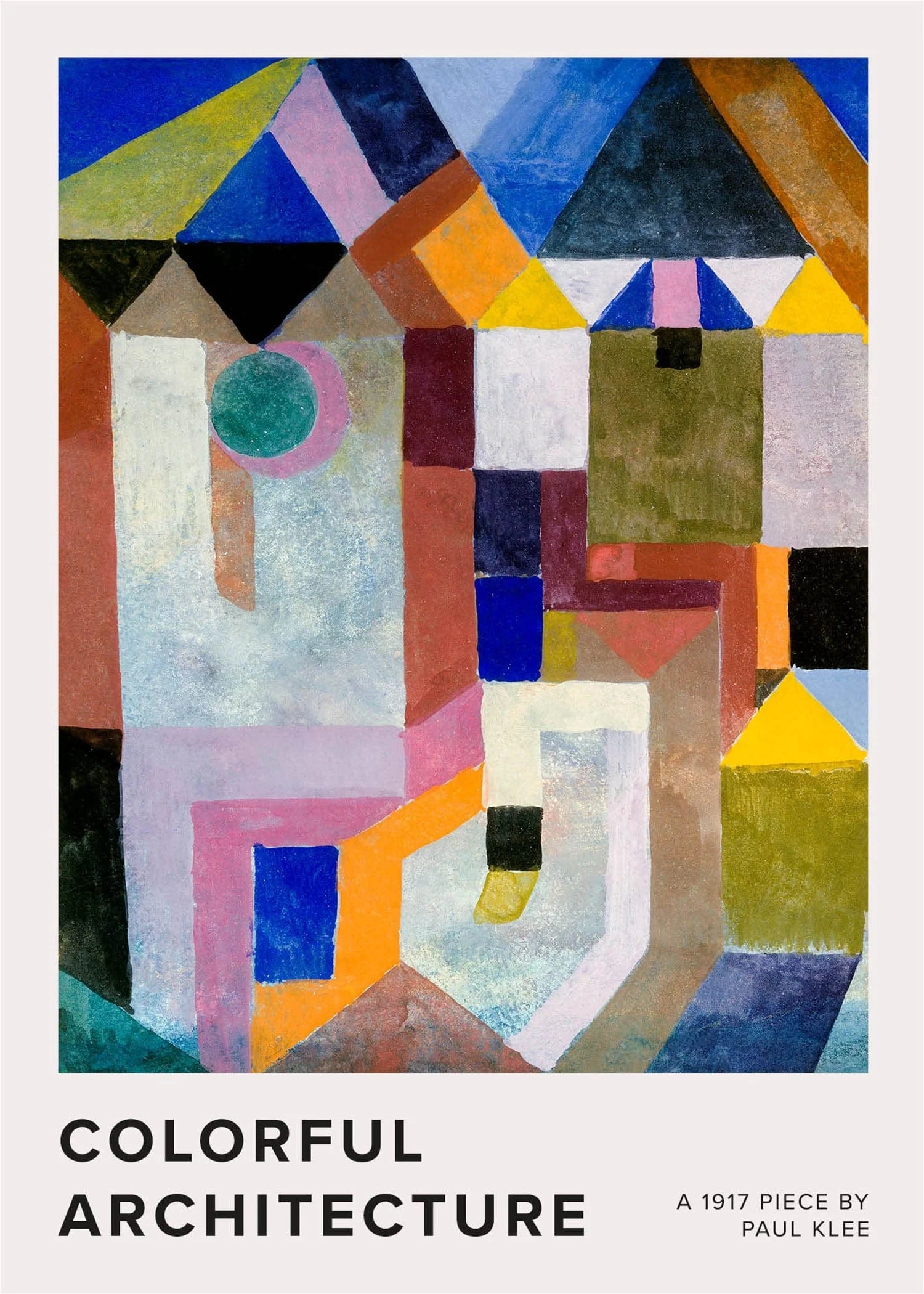 Abstrakt kunstplakat med farverig geometri – “Colorful Architecture” af Paul Klee, genskabt af Peléton i vintage stil.