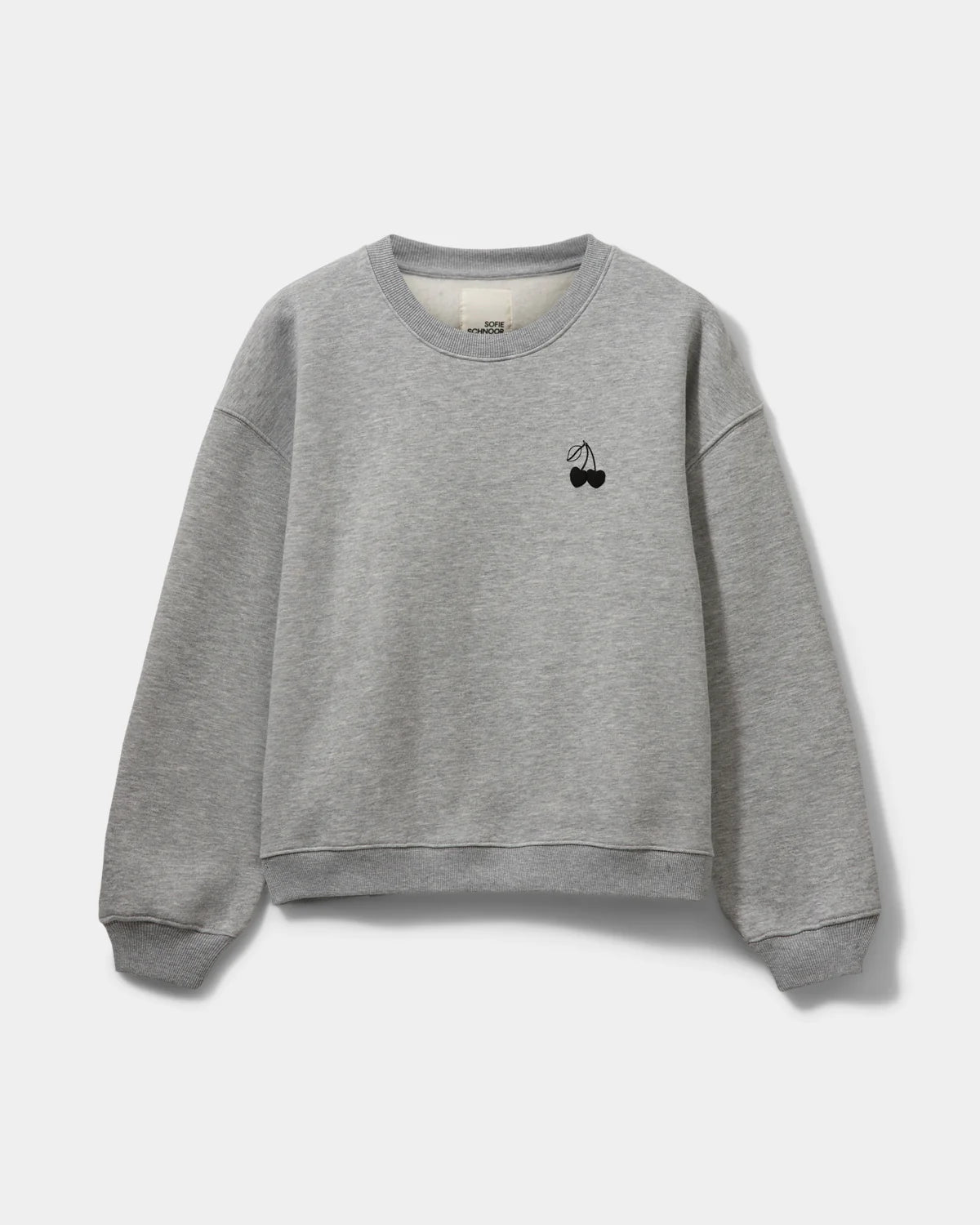 Grå melange sweatshirt med sort kirsebærmotiv på brystet, tekstprint på ryggen og brede ribkanter.