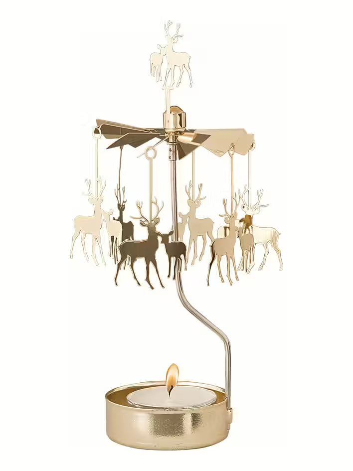 Englespil med rensdyr og kid i guld – dekorativ julepynt, drejer rundt ved fyrfadslys, fra Butikalrum.dk på Amagerbro
