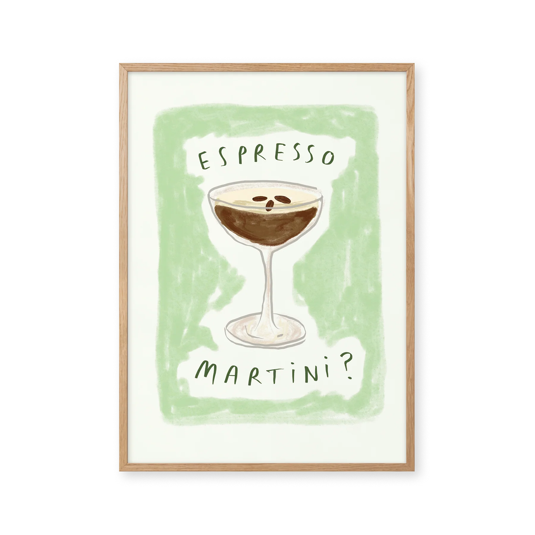Plakat med motiv af en stor espresso martini med kaffebønner på toppen. Grøn baggrund, der harmonerer med den brune cocktail.