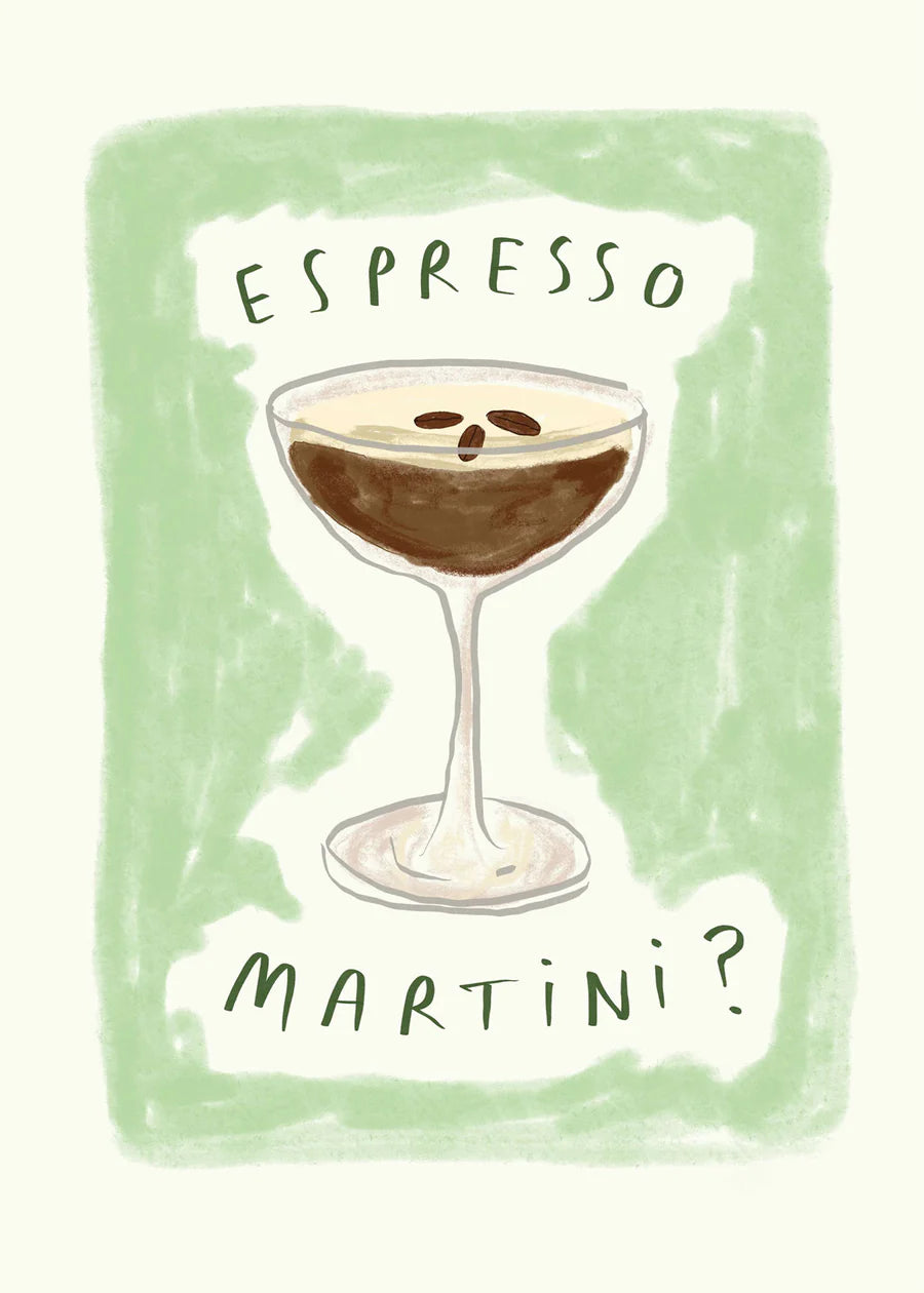Plakat med motiv af en stor espresso martini med kaffebønner på toppen. Grøn baggrund, der harmonerer med den brune cocktail.