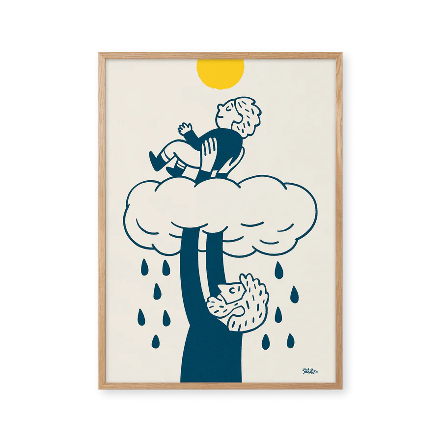 Illustration af Martin Jørgensen. Plakaten forestiller en far og søn, hvor faren holder sønnen over skyen, så solen skinner på drengen.
