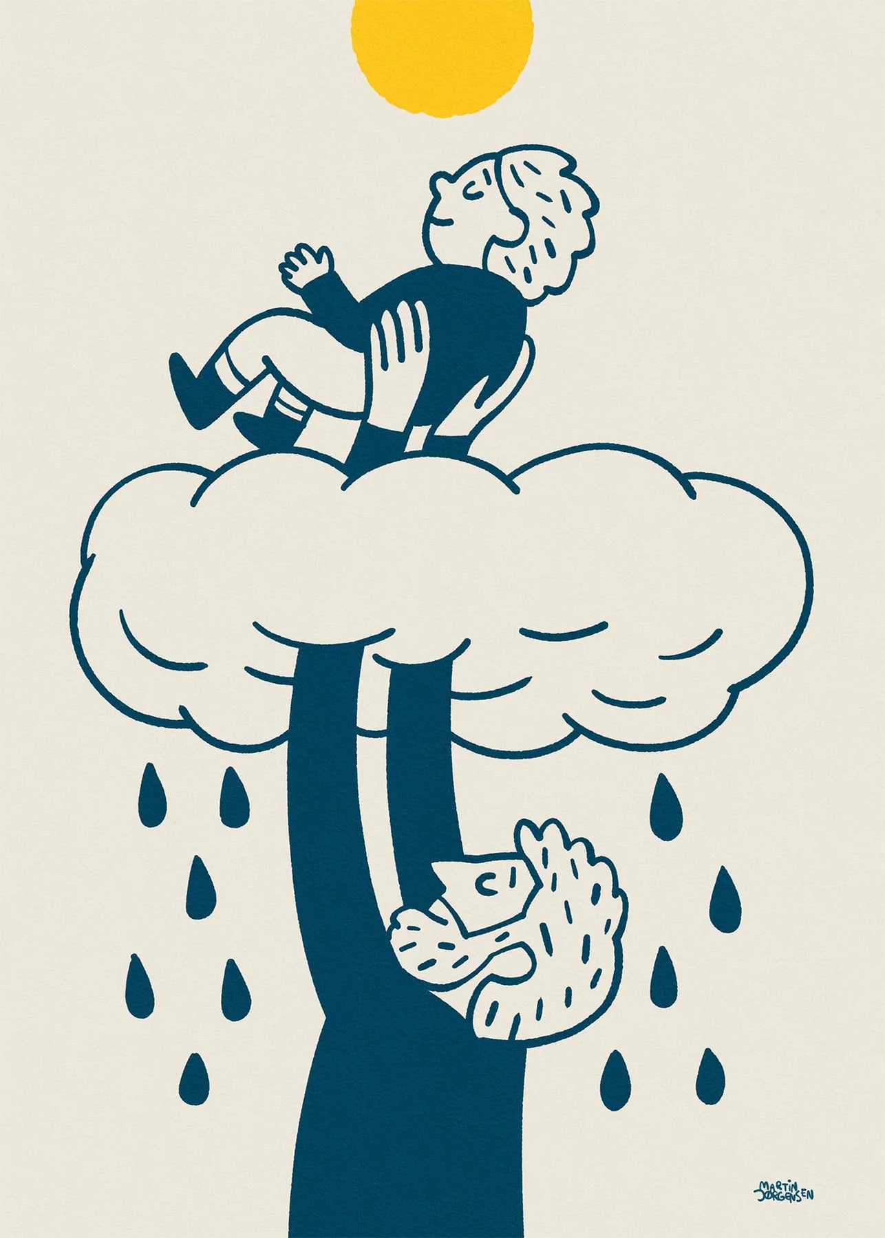 Illustration af Martin Jørgensen. Plakaten forestiller en far og søn, hvor faren holder sønnen over skyen, så solen skinner på drengen.