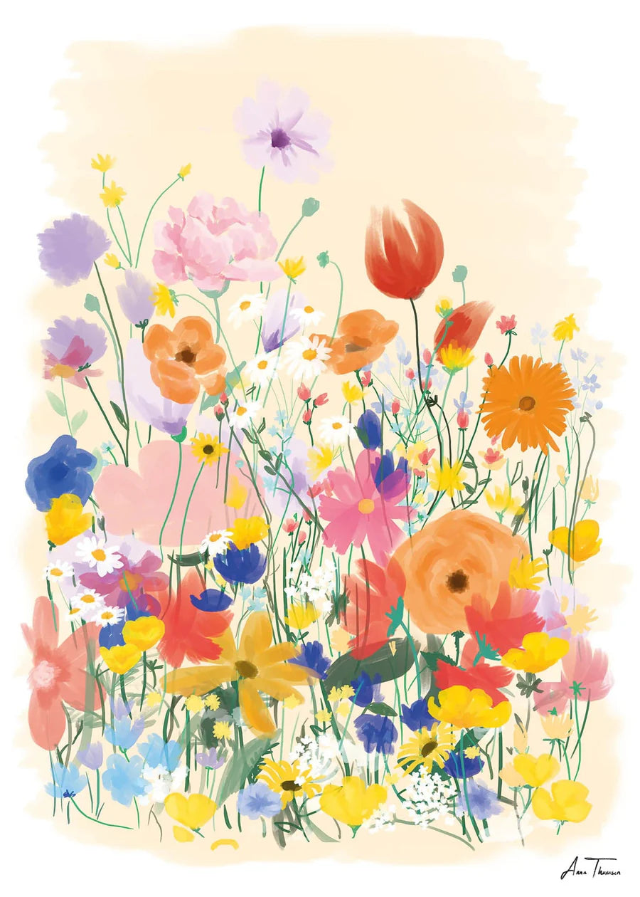 Flower field af Anna Thomsen, der forestiller en blomstermark. Giclée tryk på eksklusivt kunstpapir.