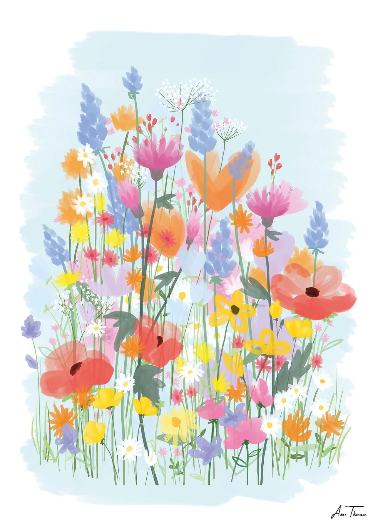 Plakat af Anna Thomsen: Flower Field nr. 3 med blå baggrund. Giclée tryk på eksklusivt kunstpapir i betagende farver der ikke falmer.