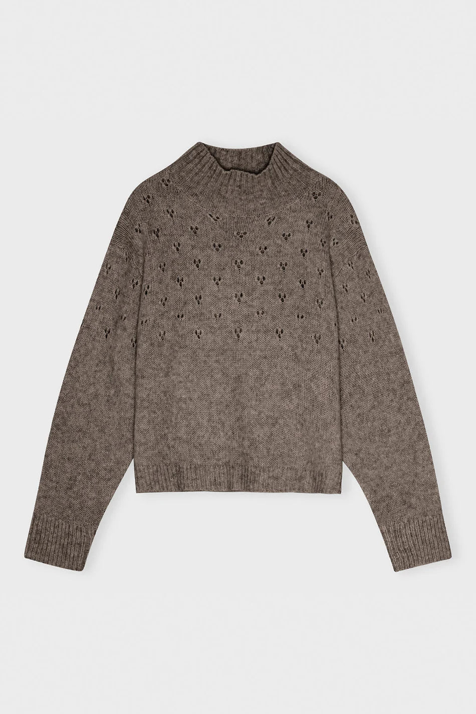 Blød Harmonie rullekravesweater fra Care by Me i cashmere og silke med feminint mønster, ribkanter og afslappet pasform, håndlavet i Kathmandu, Nepal