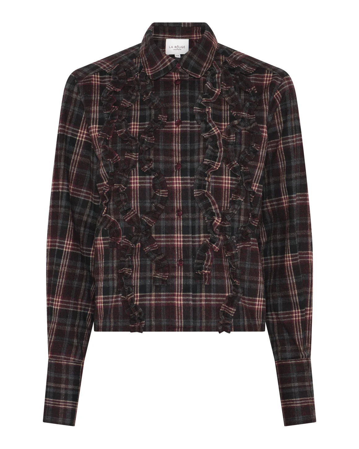 Isa Cropped Shirt fra La Rouge i Grey/Wine Checks med tern, flæser og cropped pasform – køb hos butikalrum.dk.