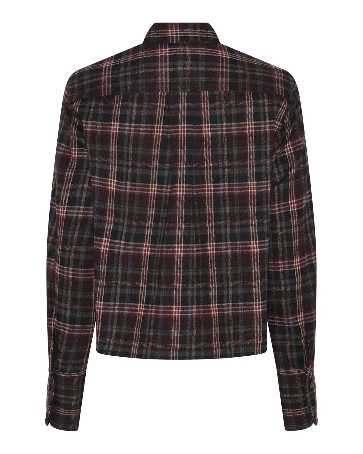 Isa Cropped Shirt fra La Rouge i Grey/Wine Checks med tern, flæser og cropped pasform – køb hos butikalrum.dk.