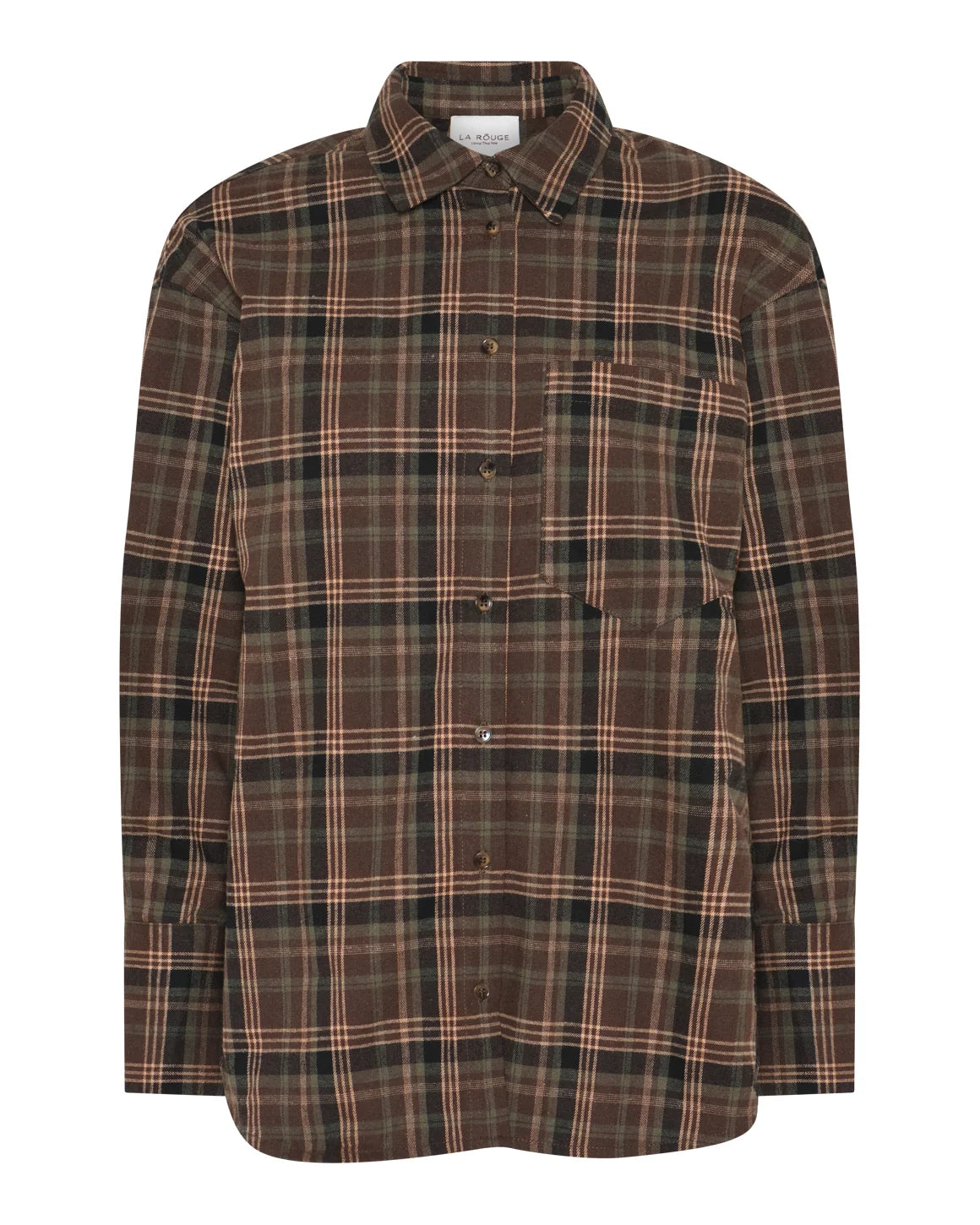 Isa Shirt fra La Rouge i Brown/Forest Check med ternet mønster, løs pasform og stor brystlomme – køb hos butikalrum.dk.