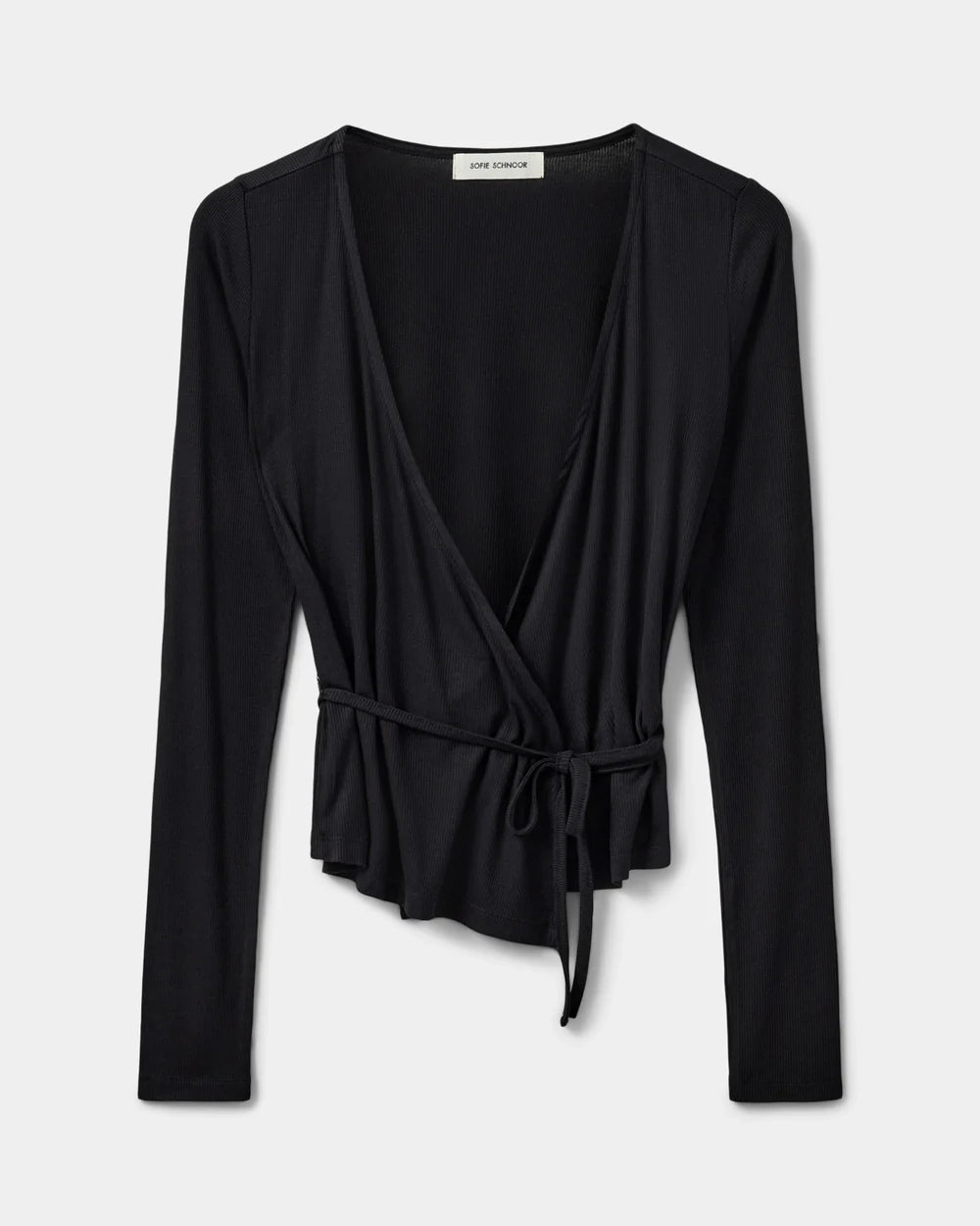 JOODYSW wrap-bluse med lange ærmer i sort, ribstruktureret materiale og V-hals fra Sofie Schnoor