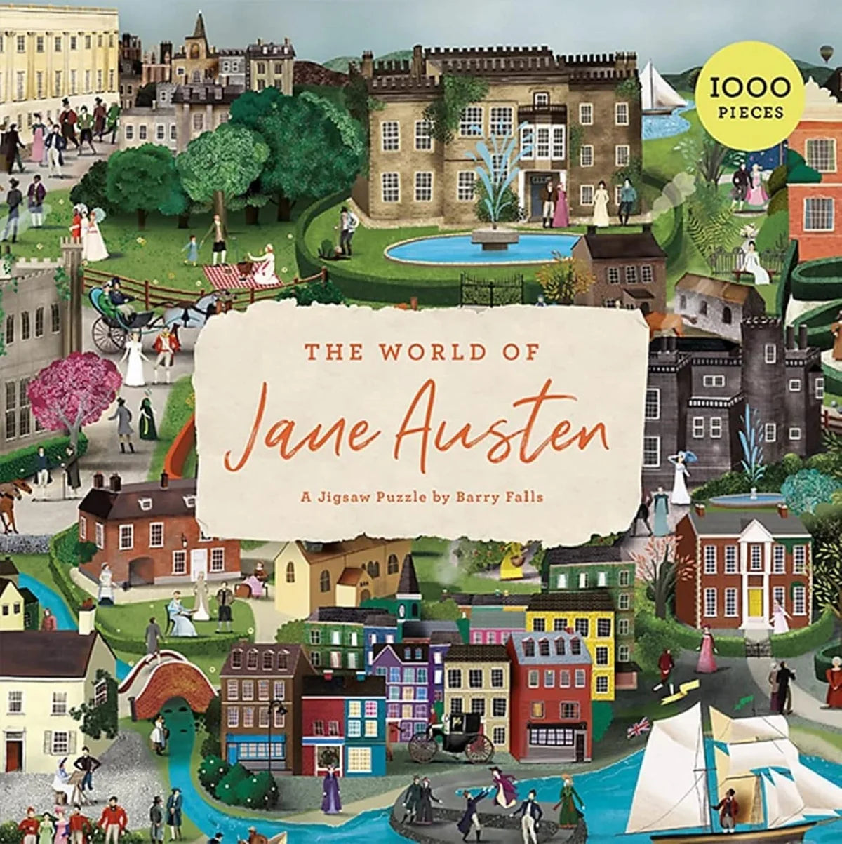 1000-brikkers Jane Austen puslespil med litterære figurer og steder – sælges lokalt hos Butik Alrum på Amagerbrogade 12.