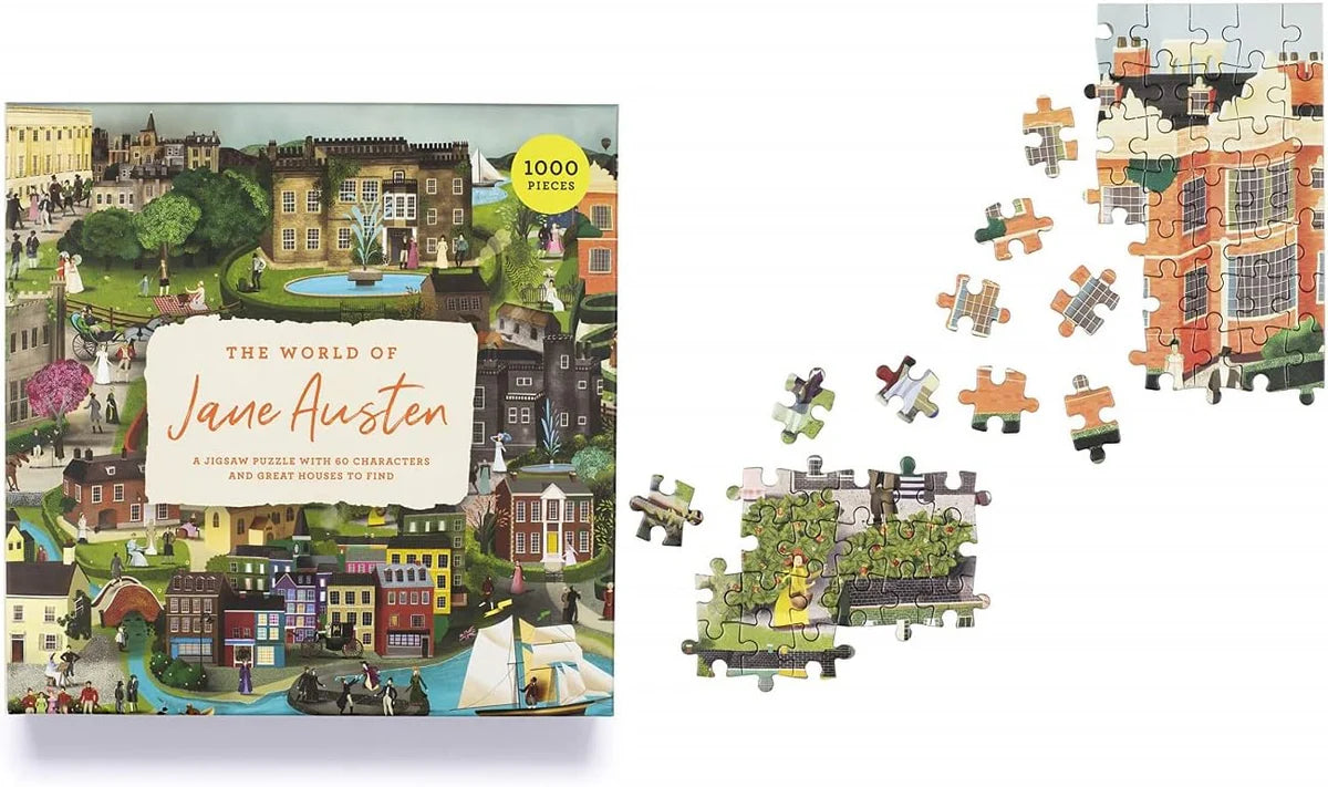 1000-brikkers Jane Austen puslespil med litterære figurer og steder – sælges lokalt hos Butik Alrum på Amagerbrogade 12.