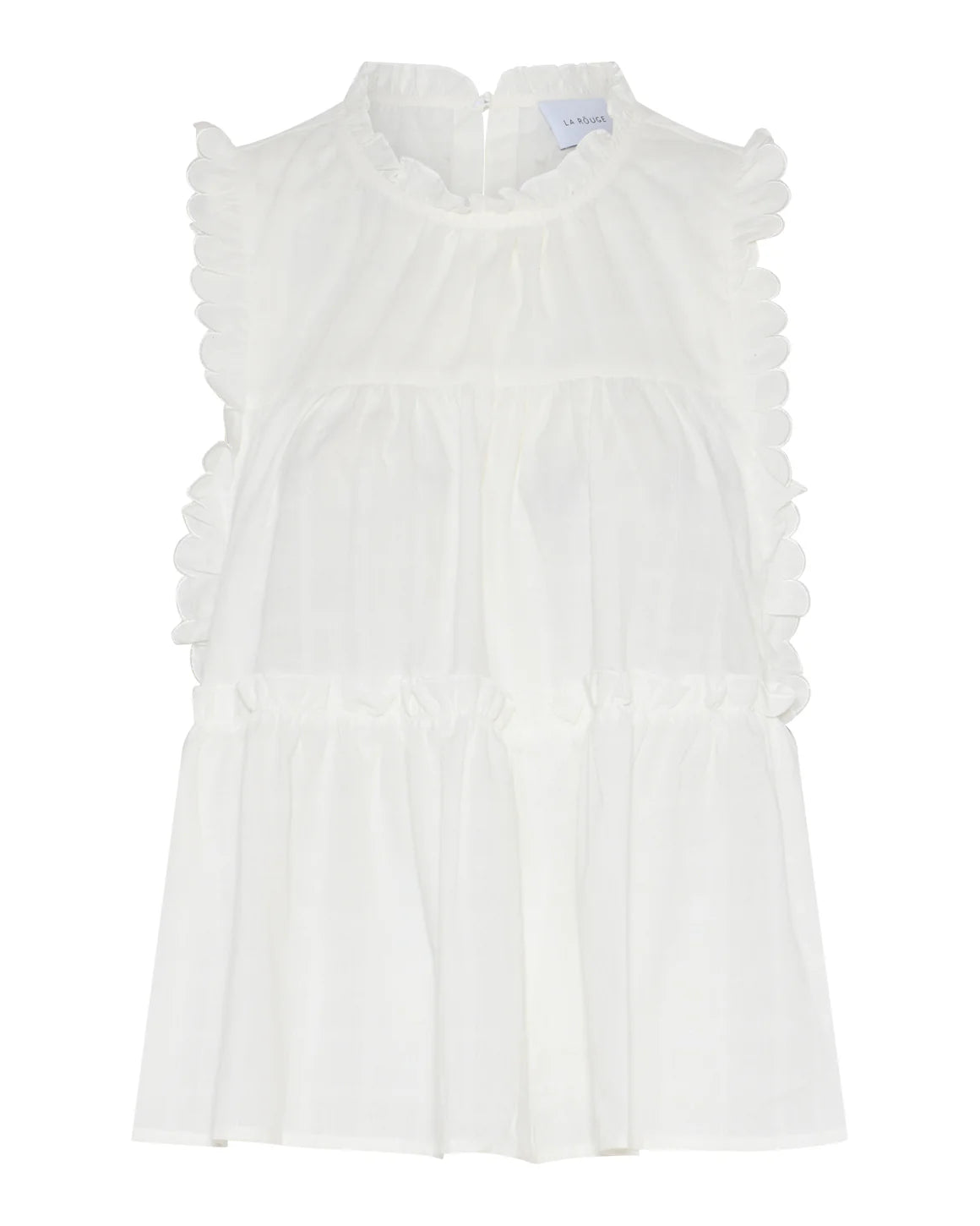 Hvid ærmeløs flæse top fra LA RŌUGE i 100 procent bomuld med feminin A-form og let sommerlook - køb hos butikalrum.dk