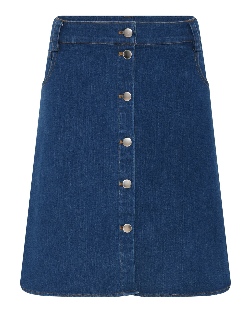 Mørk denim nederdel Kara Skirt med metalknapper og lommer foran og bagpå, fremstillet i blødt bomuldsmiks med stretch for komfort og flot pasform.