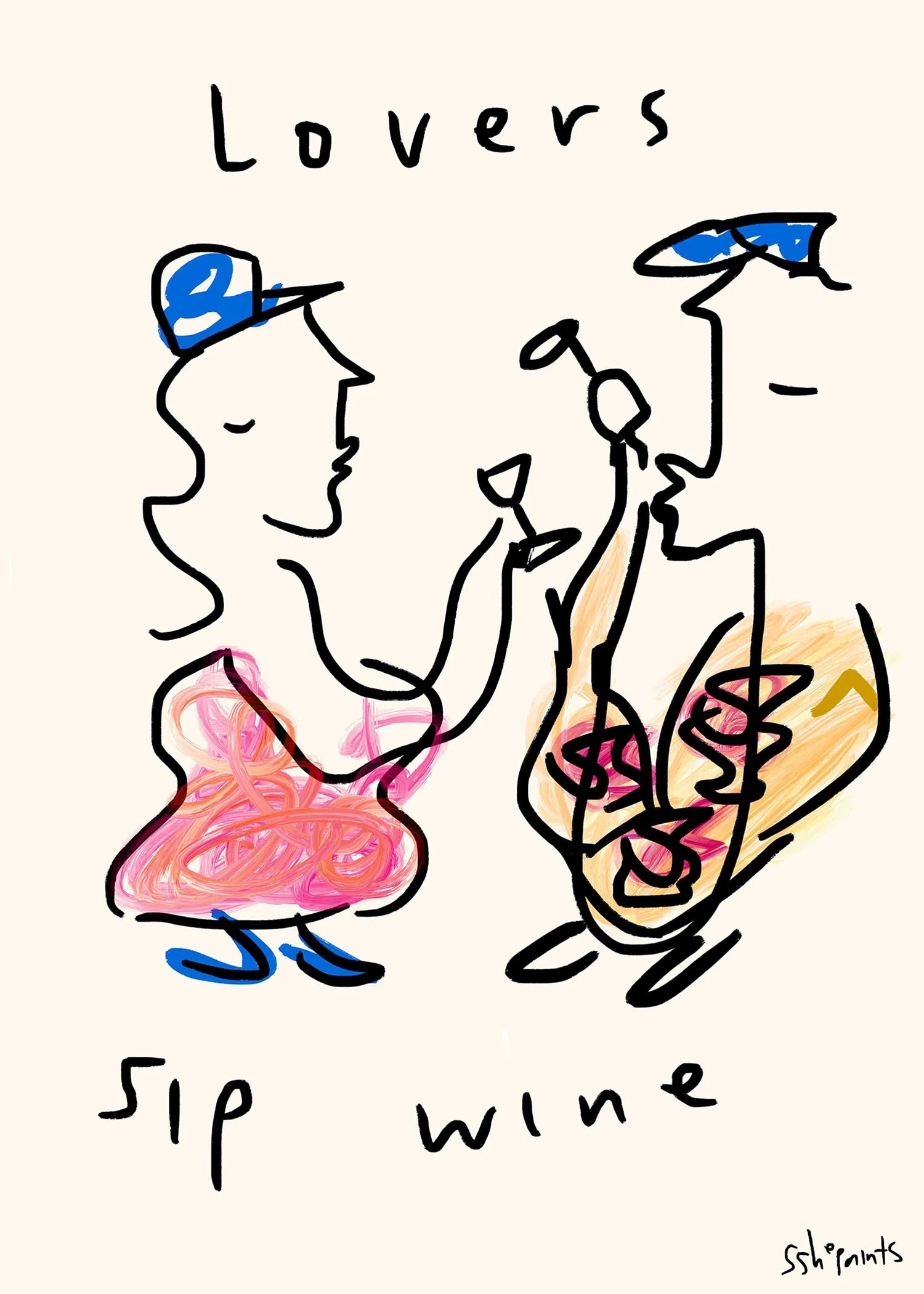 Illustreret kunstplakat af to personer der nyder et glas vin – "LOVERS SIP WINE" af Ruby Hughes, udvalgt af Peléton og trykt på mat papir i høj kvalitet.