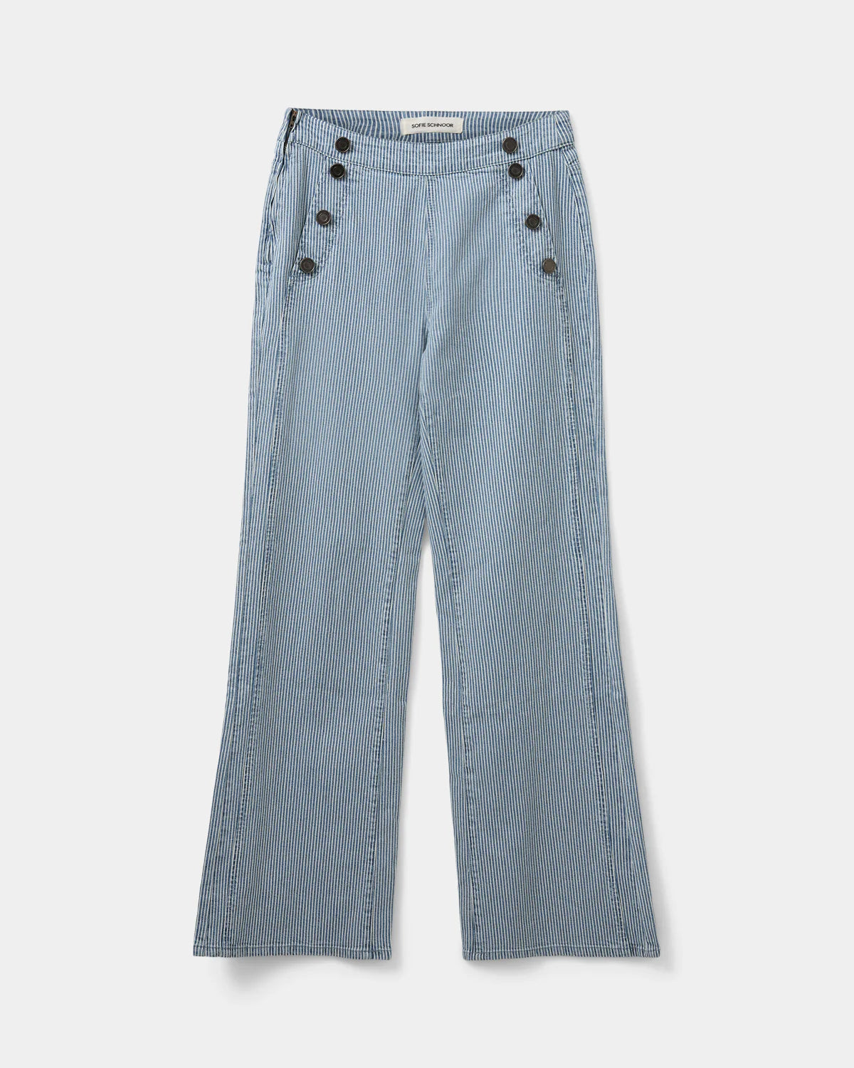 Lyseblå og hvidstribede straight leg jeans med lynlåslukning, knappedetaljer, baglommer og kirsebærtryk.