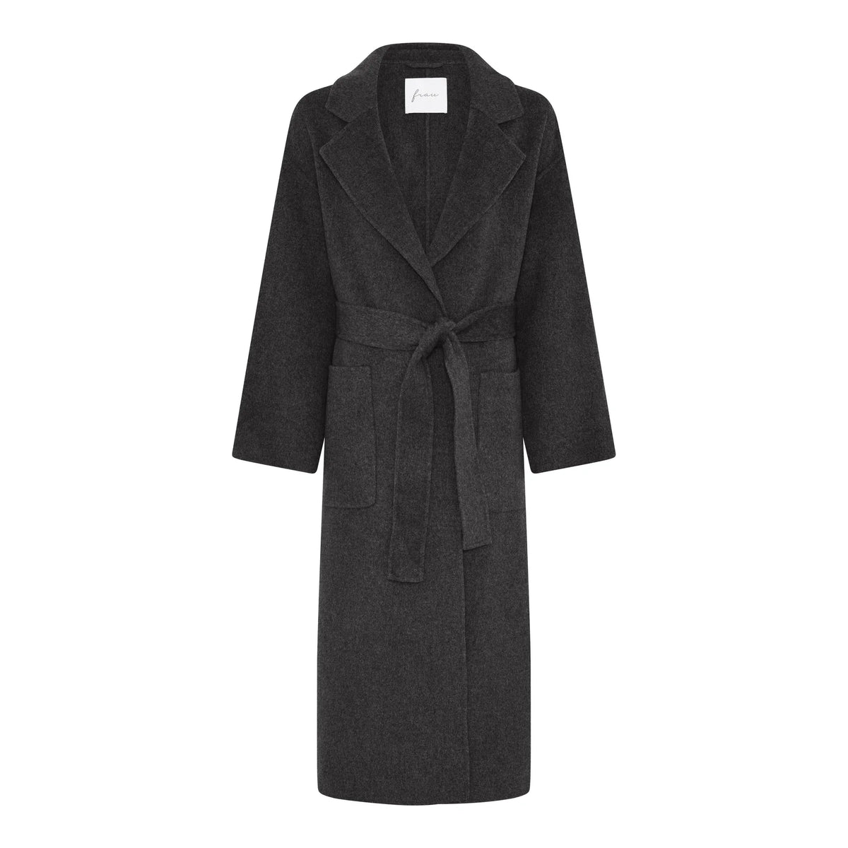 Ljubljana Pure Wool Long Coat fra FRAU i Chocolate Torte Melange, lang klassisk uldfrakke i 100% uld med bæltelukning – køb hos butikalrum.dk.
